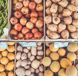 Overhead view of produce including tomatoes and potatoes