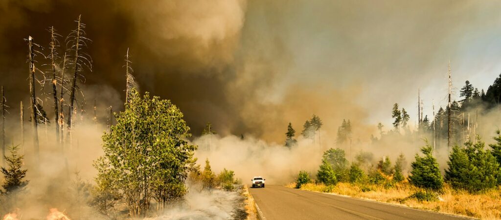 emergency vehicle driving through smoky landscape