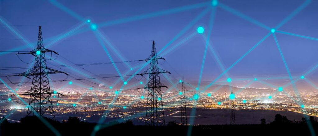 abstract image showing data points against a backdrop of utility poles and a city lanscape