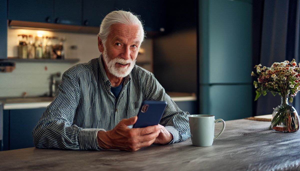 smiling older man using a smartphone at a kitchen table