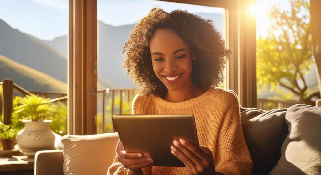 smiling woman interacting with a tablet at home