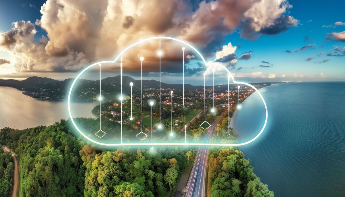 cloud graphic against an aerial shot of a green coastal area