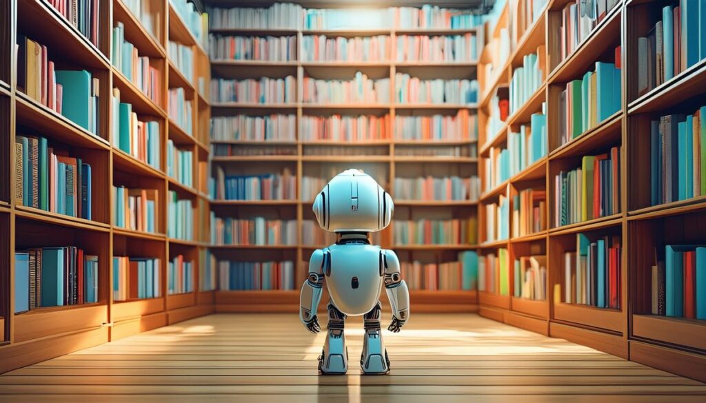 robot surrounded by floor-to-ceiling bookshelves