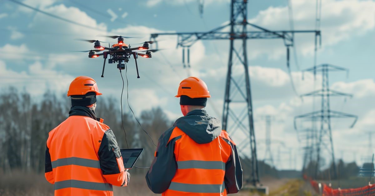 two utility workers flying a drone near power lines