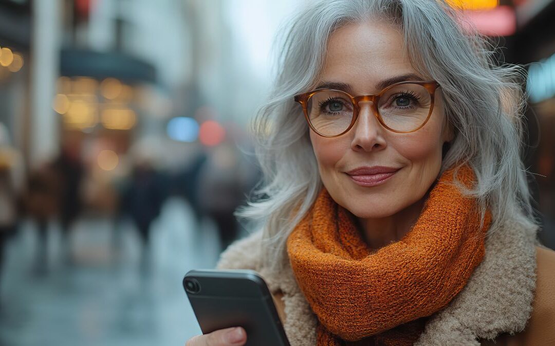 older woman using a smartphone on a busy pedestrian street