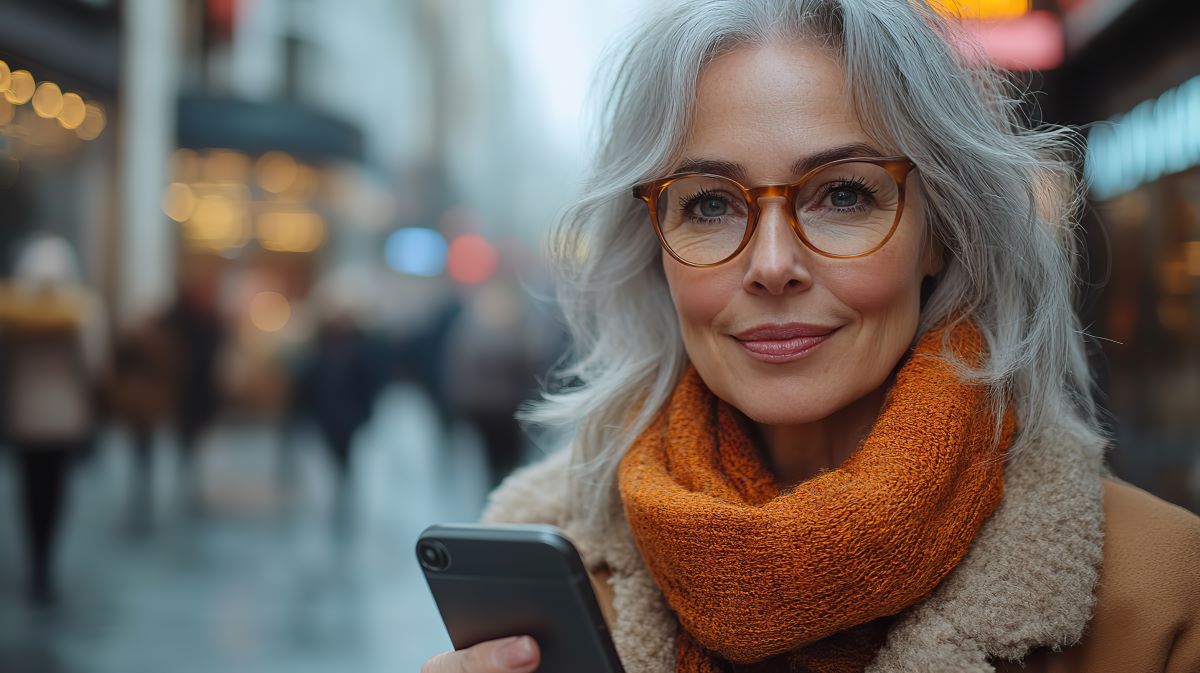 older woman using a smartphone on a busy pedestrian street