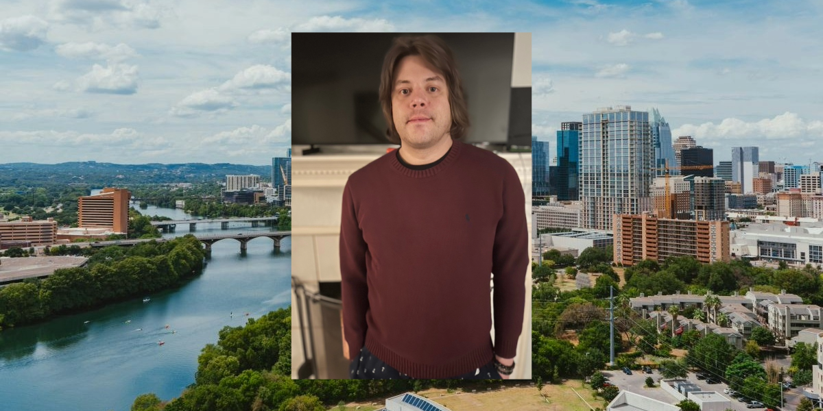 photo of Dave Perrin superimposed on a panoramic photo of Austin, Texas