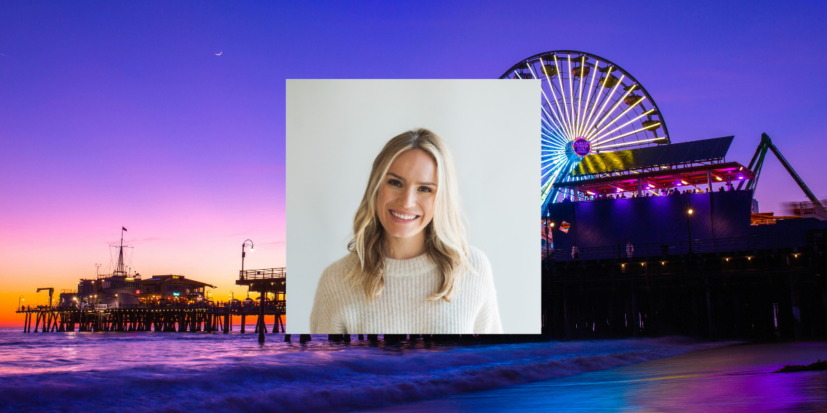photo of lane ureda against a background depicting the Santa Monica pier at sunset