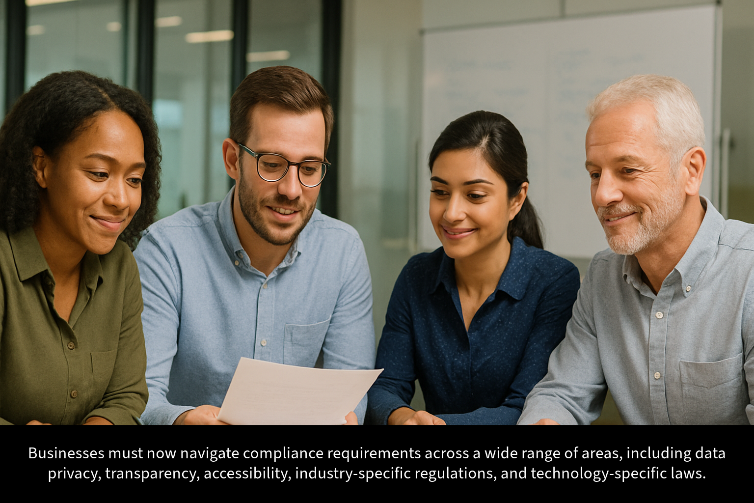 multicultural team sitting at a conference table discussing a document. Text reads "Businesses must now navigate compliance requirements across a wide range of areas, including data privacy, transparency, accessibility, industry-specific regulations, and technology-specific laws."