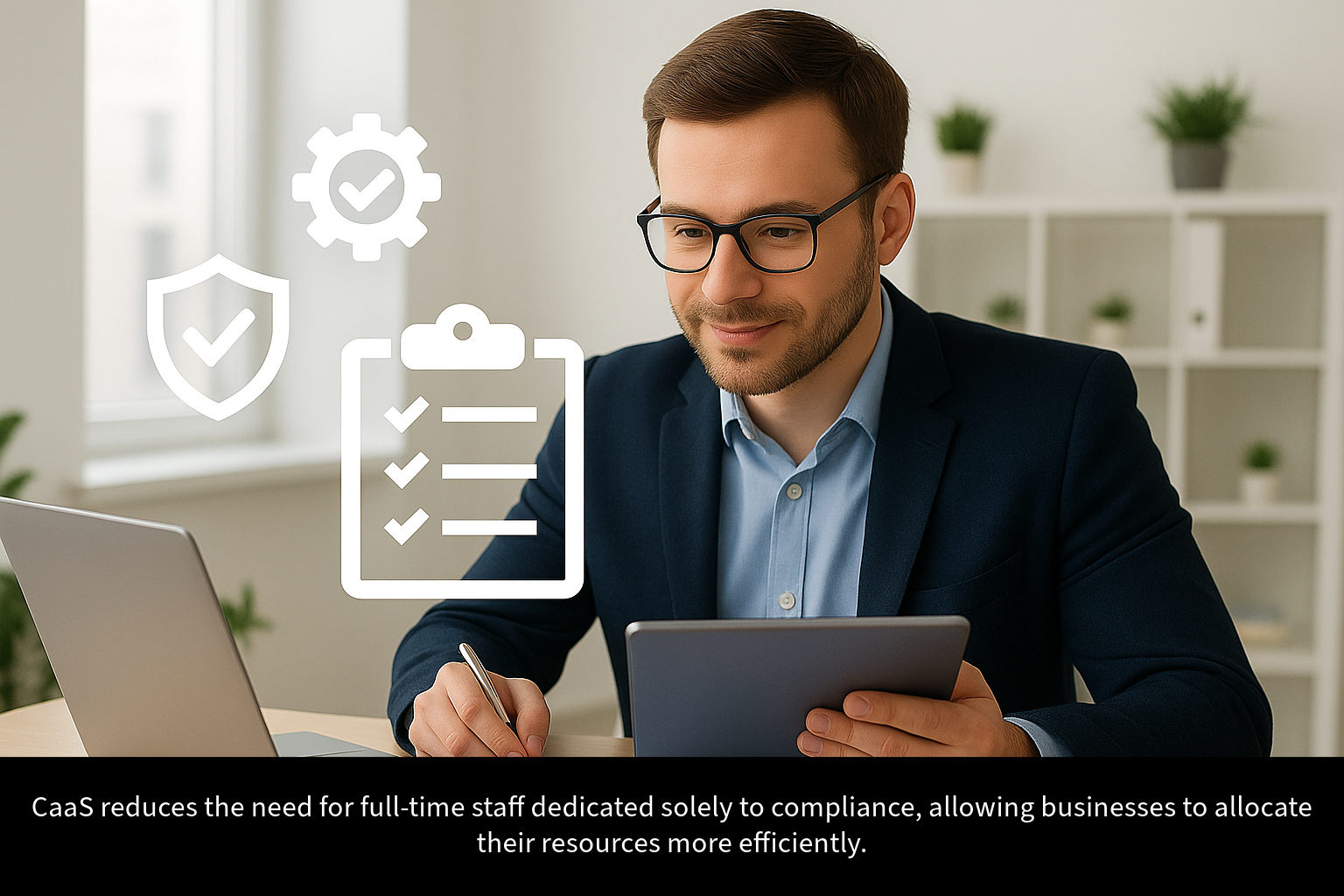 man working at a desk in an office, with compliance-related icons in the foreground