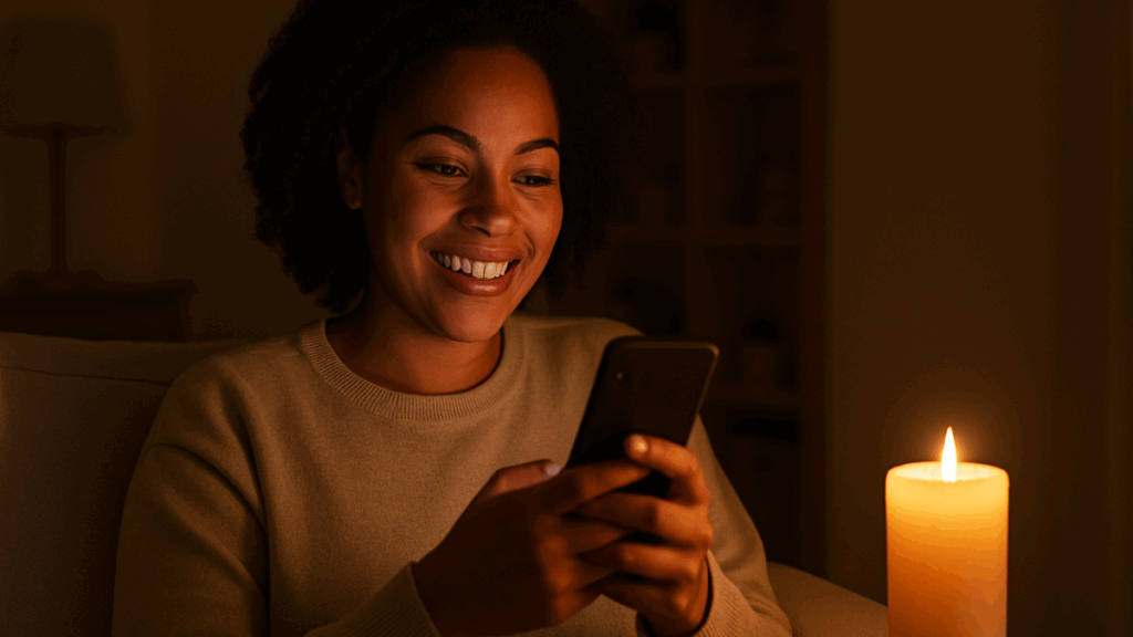smiling woman using a smartphone during a power outage