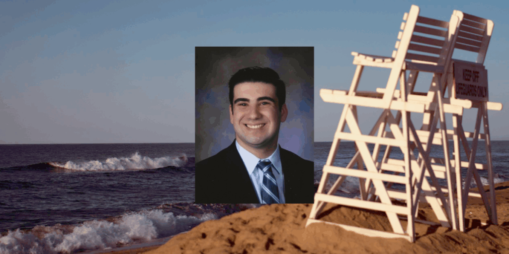 Ross Mesnick's photo against a background image depicting a shoreline on Long Island