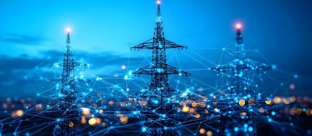 Abstract image of utility towers against an urban background with data points connecting them