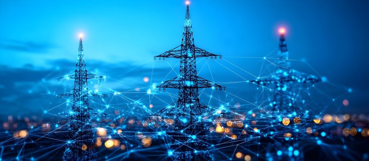 Abstract image of utility towers against an urban background with data points connecting them