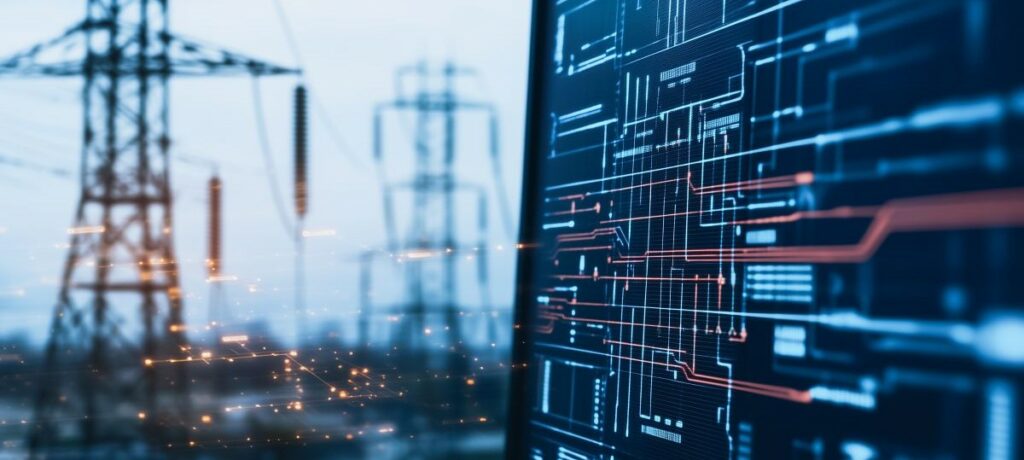computer screen displaying a digital diagram with a power plant in the background