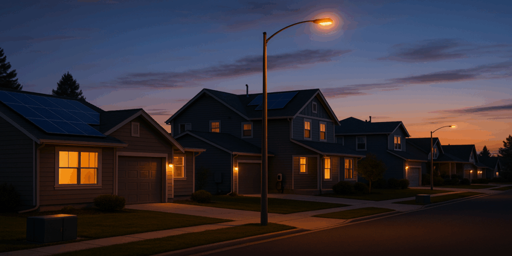 image of a quiet suburban street at dusk, lit by streetlights and ambient light from homes