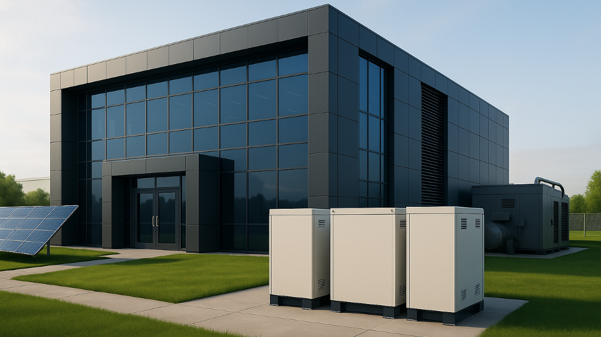 a large data center flanked by solar panels, energy storage batteries, and backup generation equipment