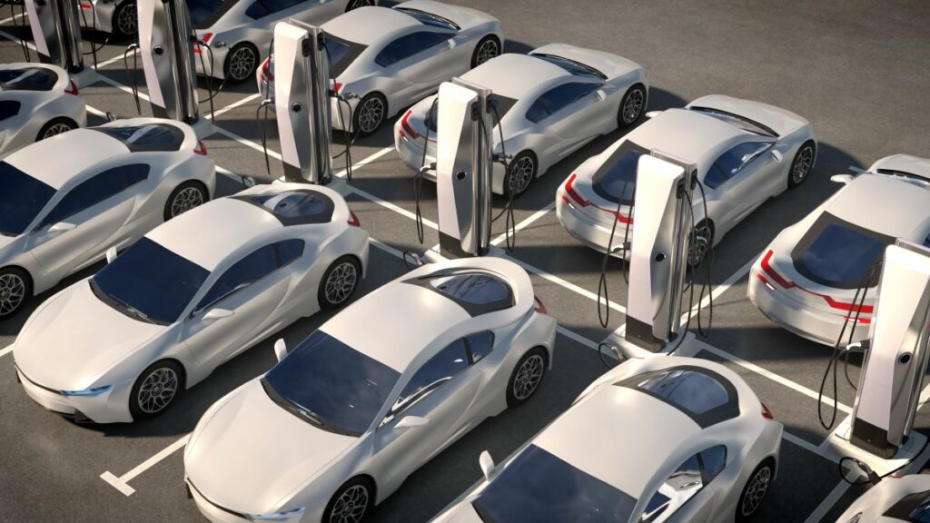 electric vehicles charging at a large charging station