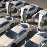 electric vehicles charging at a large charging station