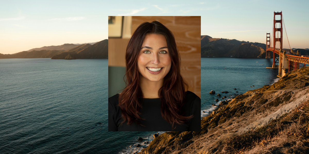 photo of Alena LaScola against a background featuring the Golden Gate Bridge