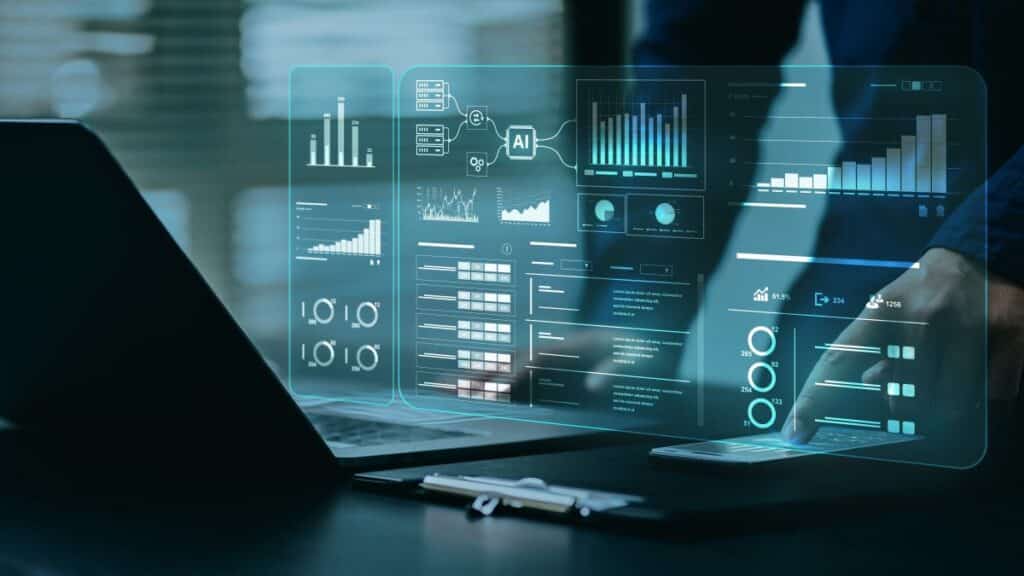 bank executive works on a laptop computer featuring AI