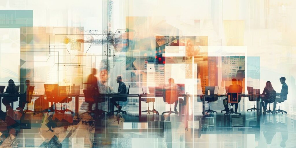 abstract image of office workers interacting with technology