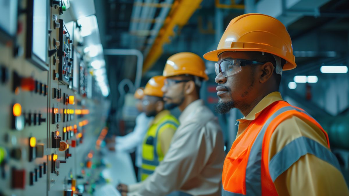 engineers operating switchgear in a power plant