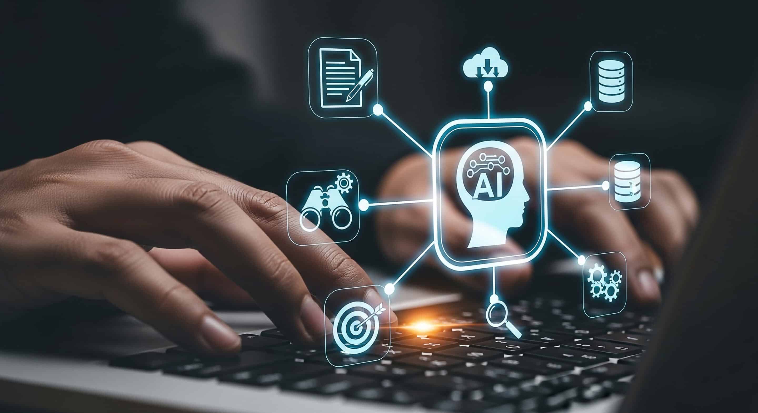 man's hands on a laptop keyboard with AI-related icons in the foreground