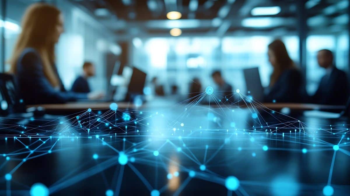 abstract image of employees working in an office connected by digital links