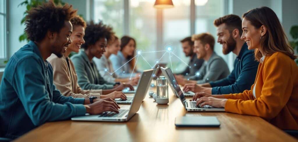 happy office team working with AI on laptop computers at a conference table
