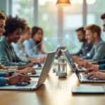 happy office team working with AI on laptop computers at a conference table