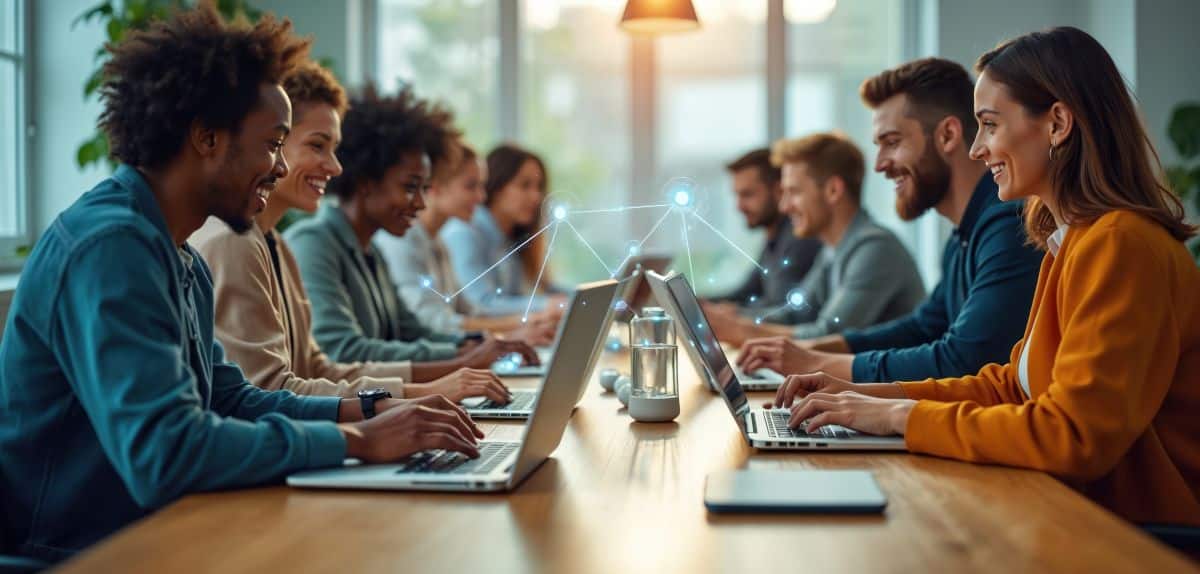 happy office team working with AI on laptop computers at a conference table