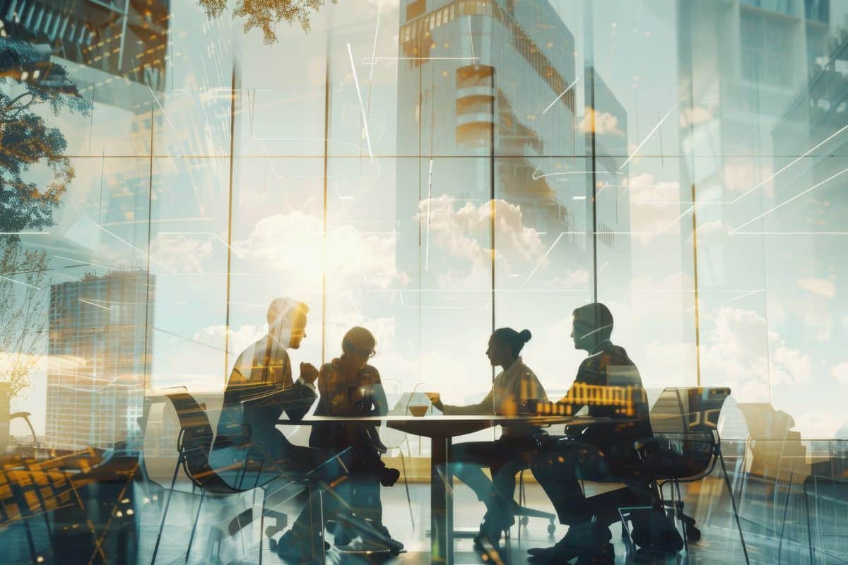 abstract image of coworkers at a conference table in a modern office