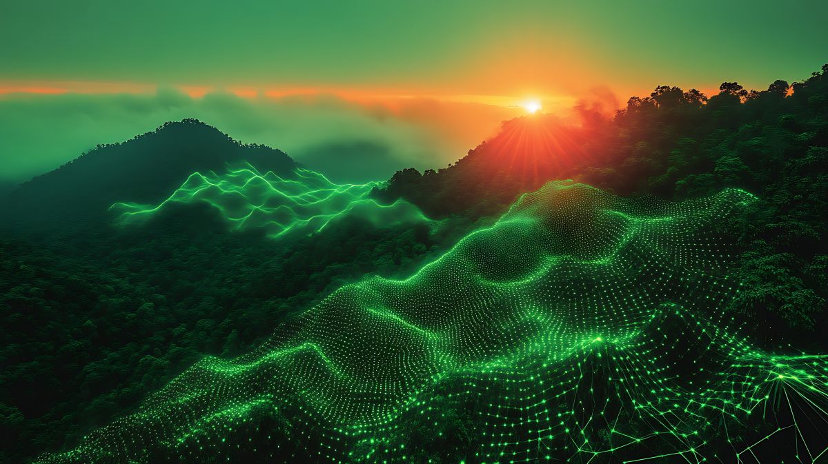 mountain forest at sunset with digital overlay