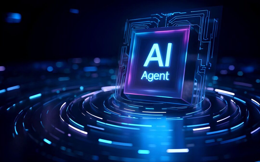 Abstract image featuring a tile labeled "AI Agent" against a technology-themed background