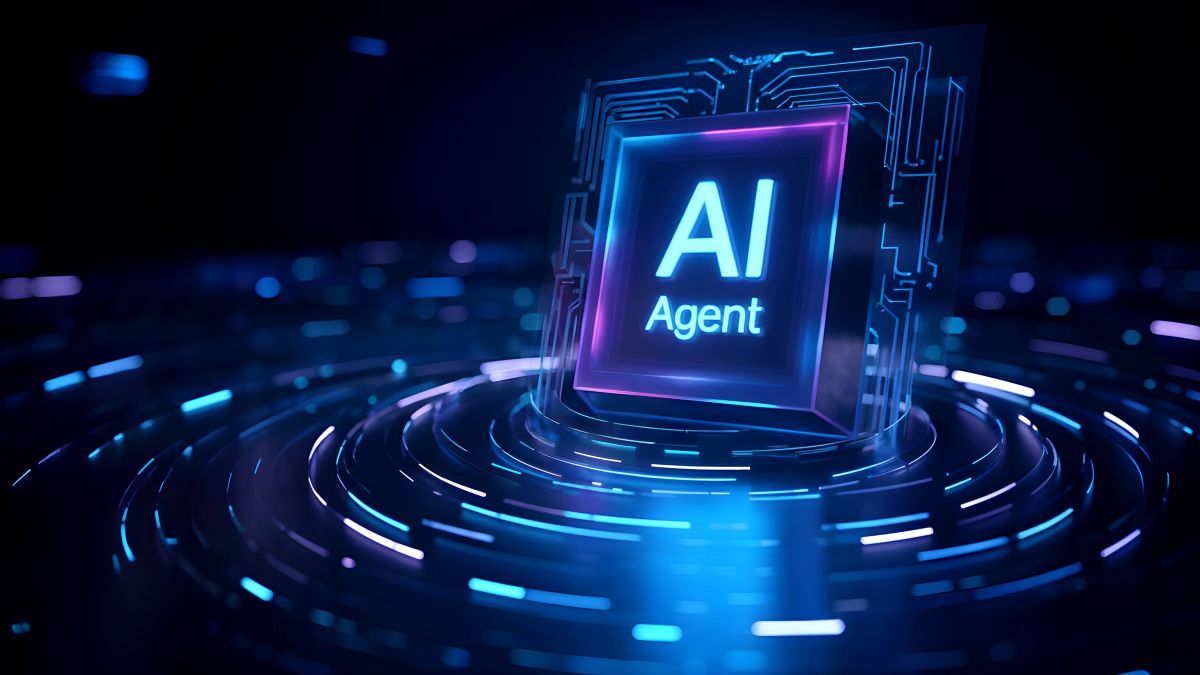 Abstract image featuring a tile labeled "AI Agent" against a technology-themed background