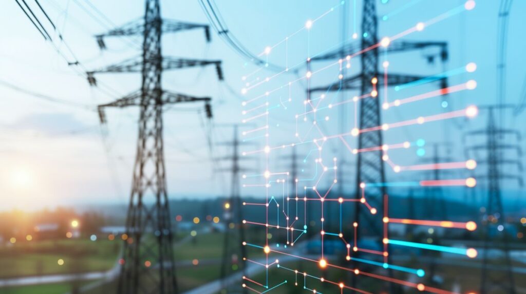 daytime photo of transmission towers overlaid by abstract image representing digital technology