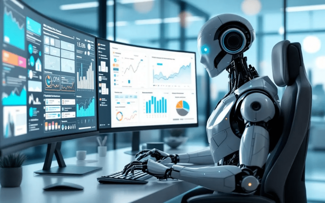 An AI agent is seated at a computer workstation with multiple monitors, each displaying data dashboards and workflow diagrams, showcasing its ability to analyze data and execute complex tasks autonomously. This setup highlights the collaboration of intelligent agents in multi-agent systems, designed for efficient task execution and process automation.