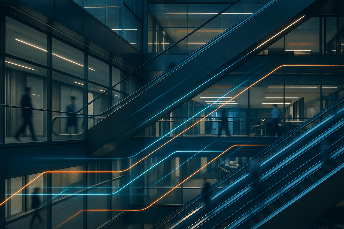 Modern office interior with escalators and walkways, motion-blurred professionals, and abstract neon light trails suggesting autonomous workflow and AI coordination