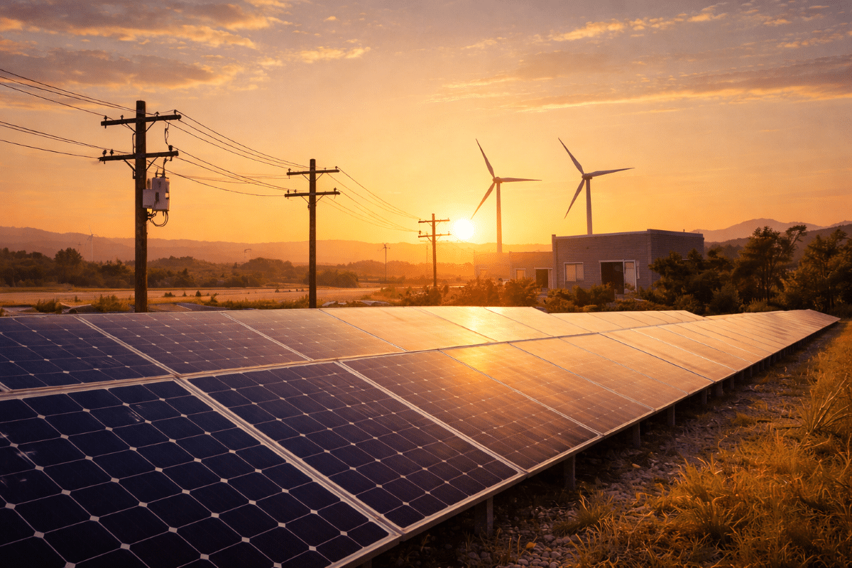 Distributed solar and wind energy assets connected to utility distribution infrastructure at sunset