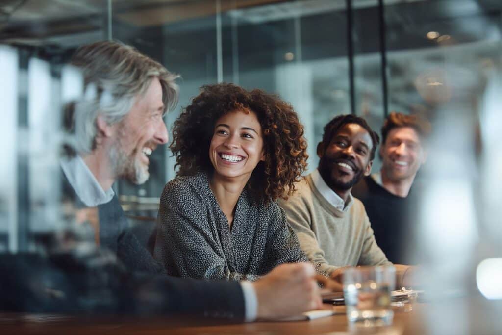 diverse compliance team meeting in a modern office conference room