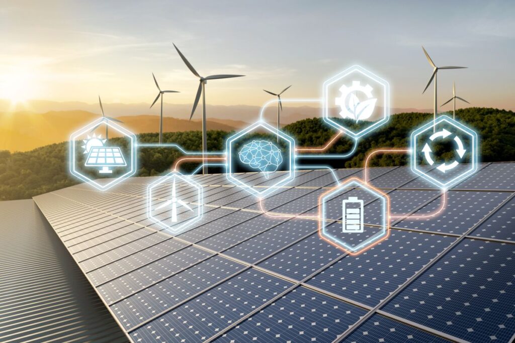 abstract image representing solar and wind energy sources connected by data