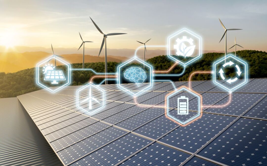 abstract image representing solar and wind energy sources connected by data