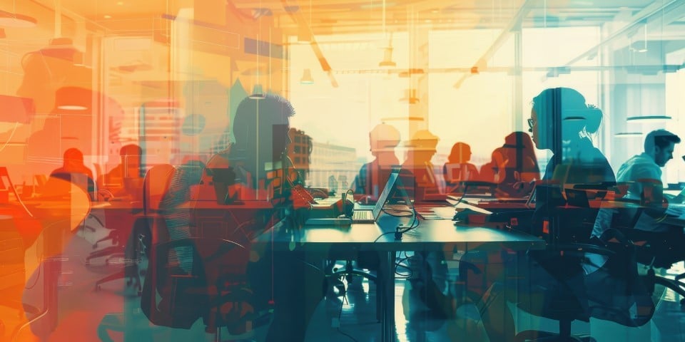 abstract image of people working on laptops in a modern business environment