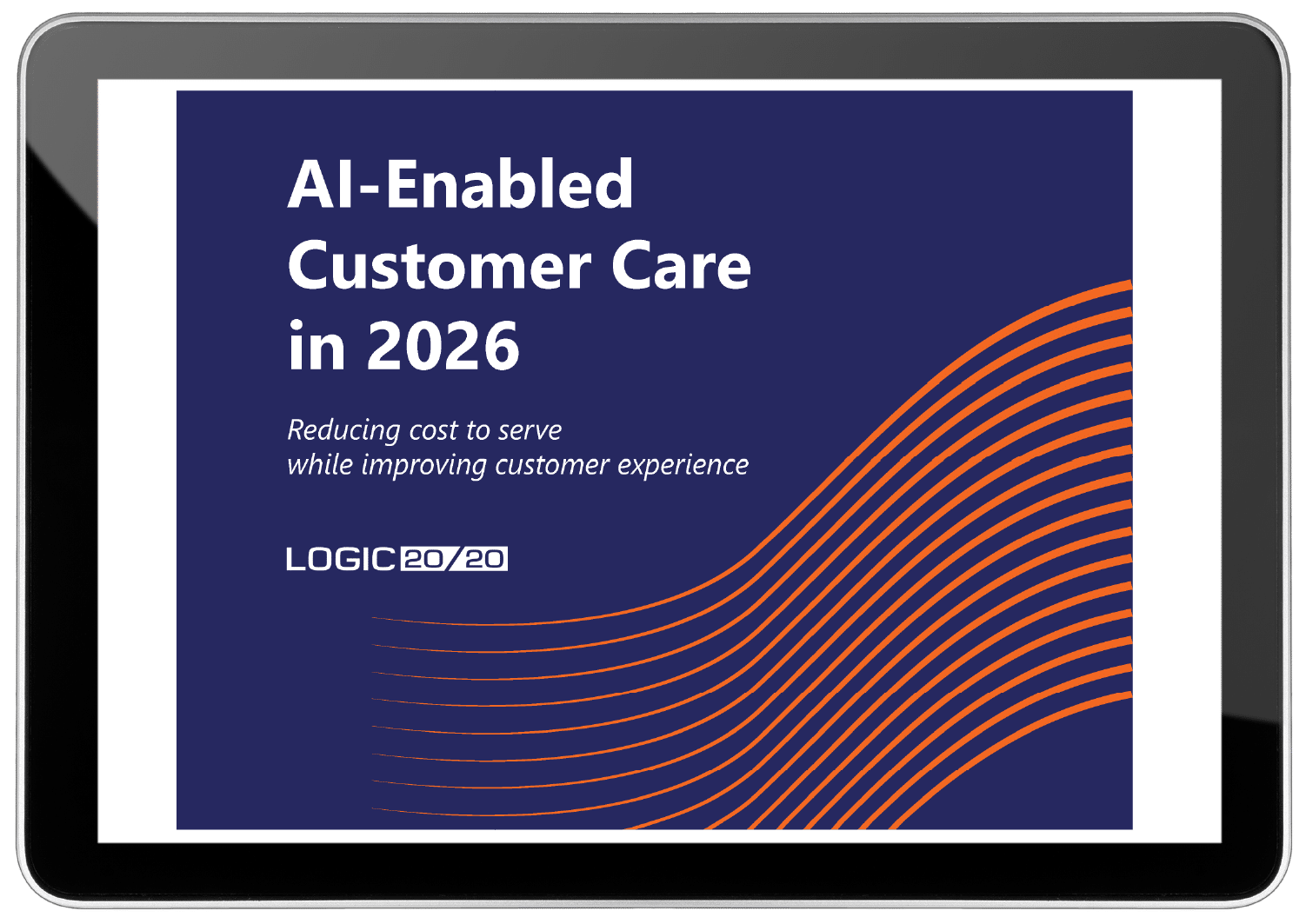 Cover of executive brief "AI-Enabled Customer Care in 2026" displayed on a tablet