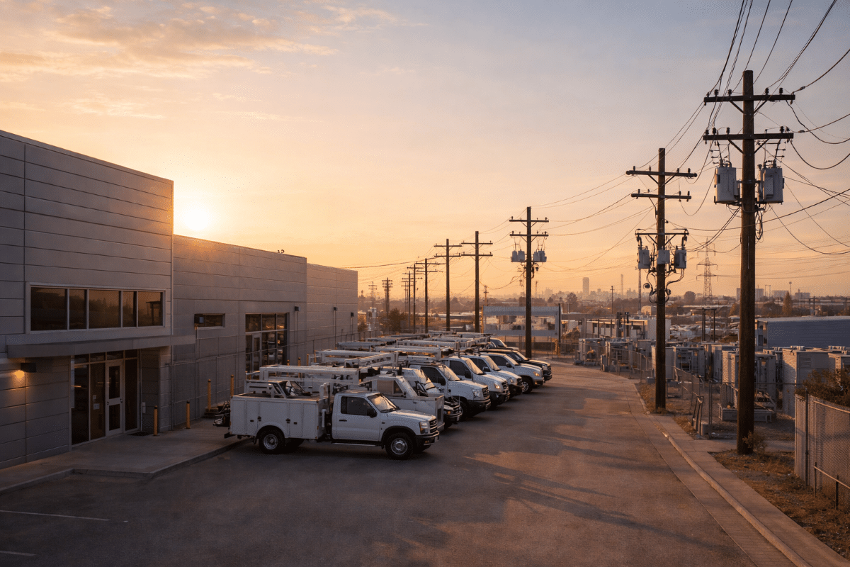 Utility operations facility with a fleet of distribution service trucks, overhead power lines, and pole-mounted transformers along a roadway at sunset, illustrating real-world electric distribution infrastructure and operations.