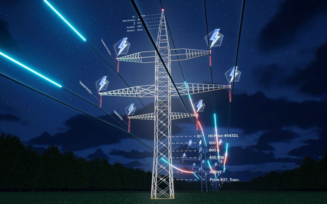 High-voltage transmission tower with digital data overlays representing monitoring and modeling of electric grid infrastructure