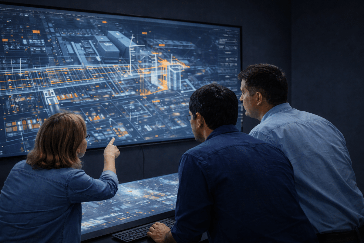 Engineers analyzing a digital twin model of an industrial system on a large screen