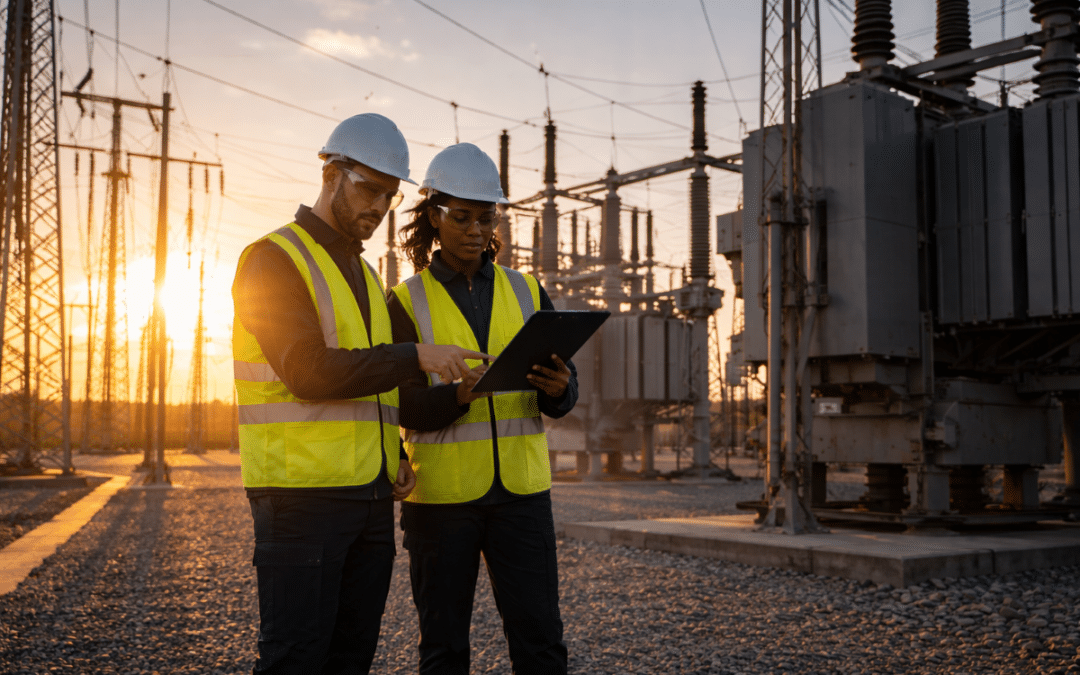 Utility engineers reviewing grid data on tablet at electrical substation during sunrise