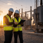Utility engineers reviewing grid data on tablet at electrical substation during sunrise